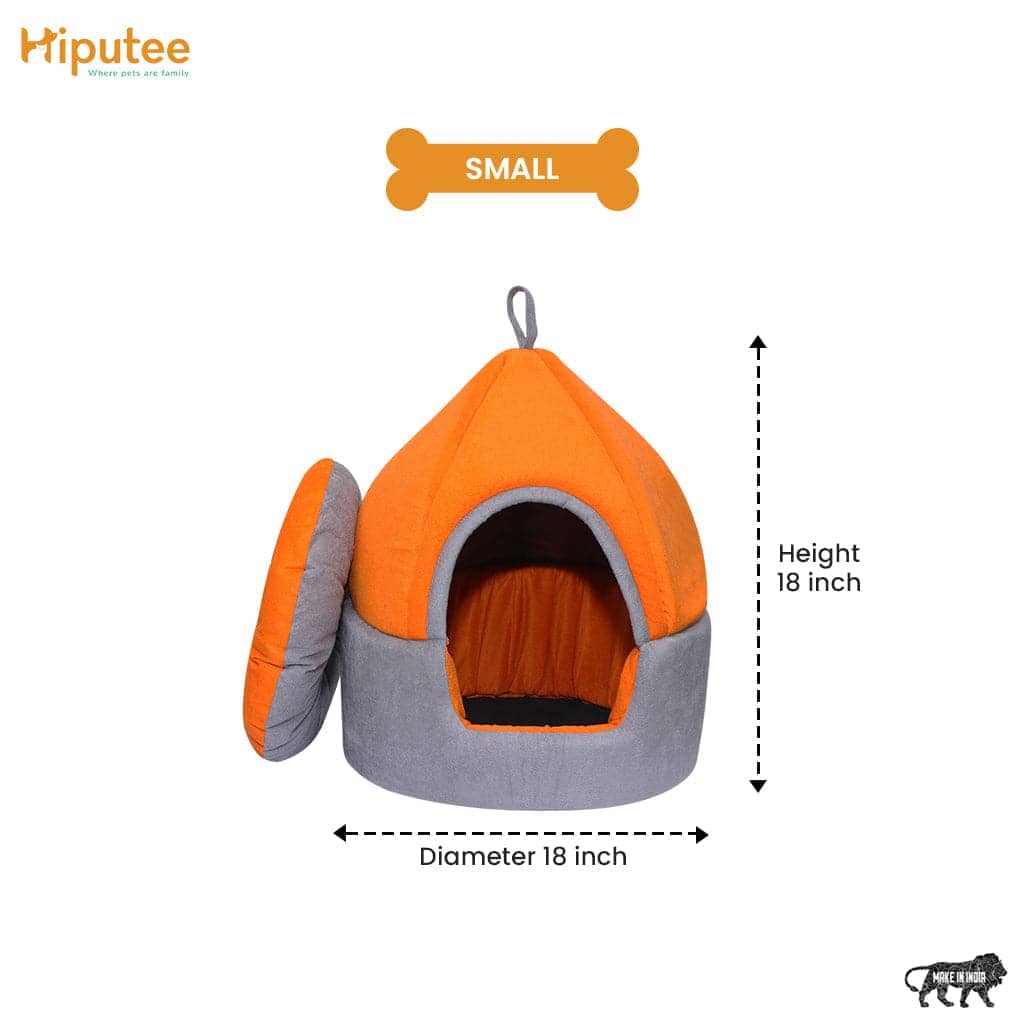 Hiputee Luxurious Temple Style Soft Velvet Fabric Dual Color Hut for Pets (Orange-Grey)
