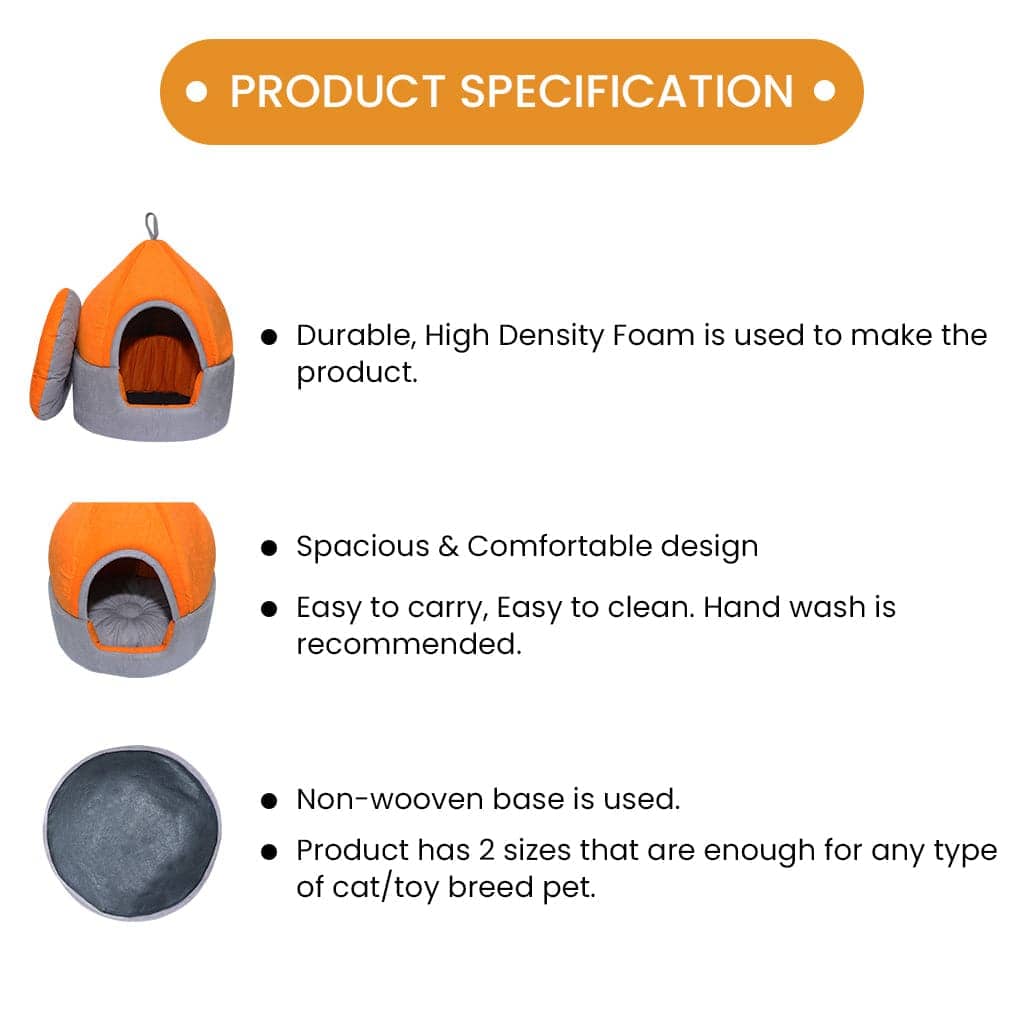 Hiputee Luxurious Temple Style Soft Velvet Fabric Dual Color Hut for Pets (Orange-Grey)