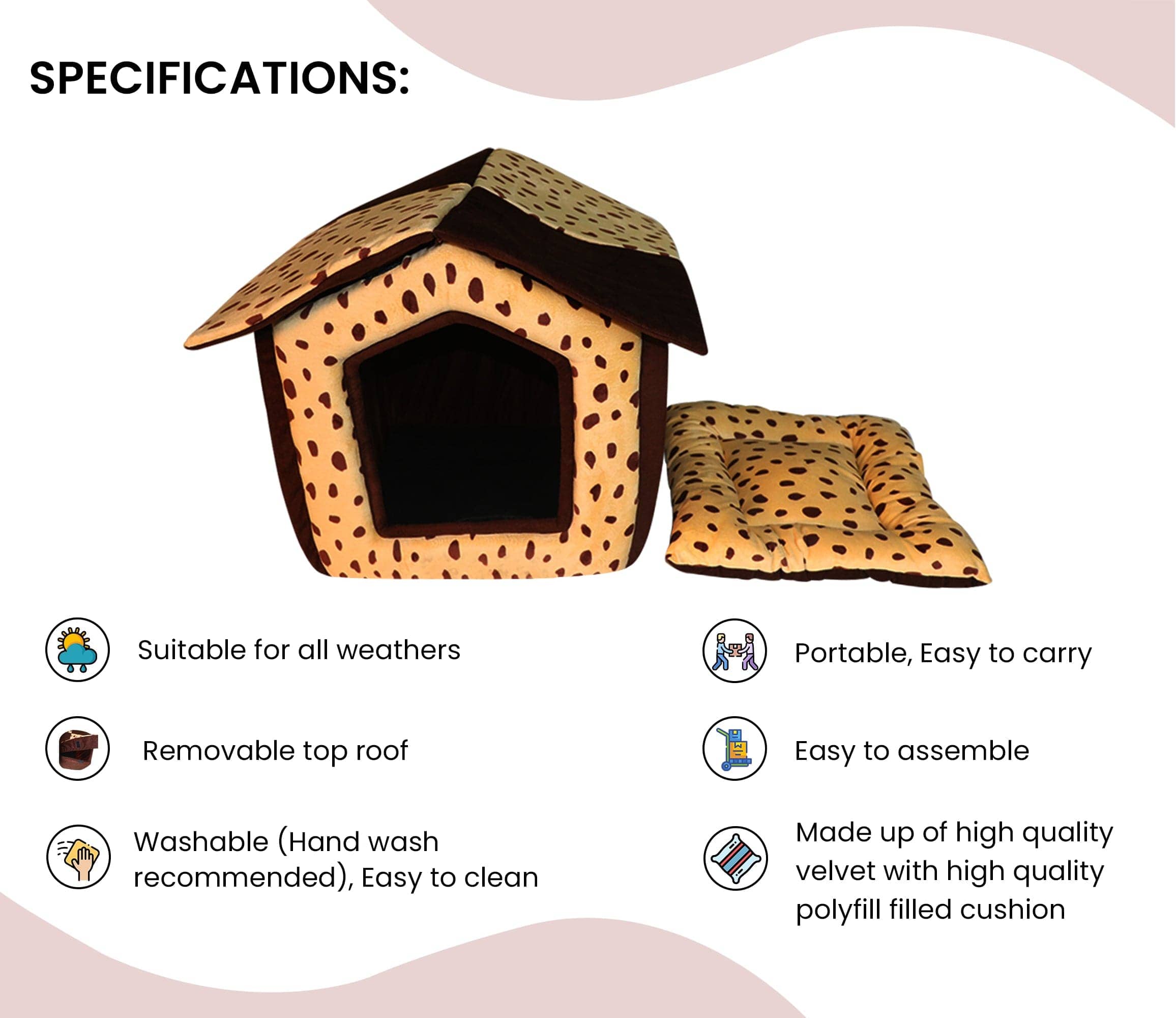 Hiputee Foldable Dotted Velvet Fabric Hut for Pets (Beige-Brown)