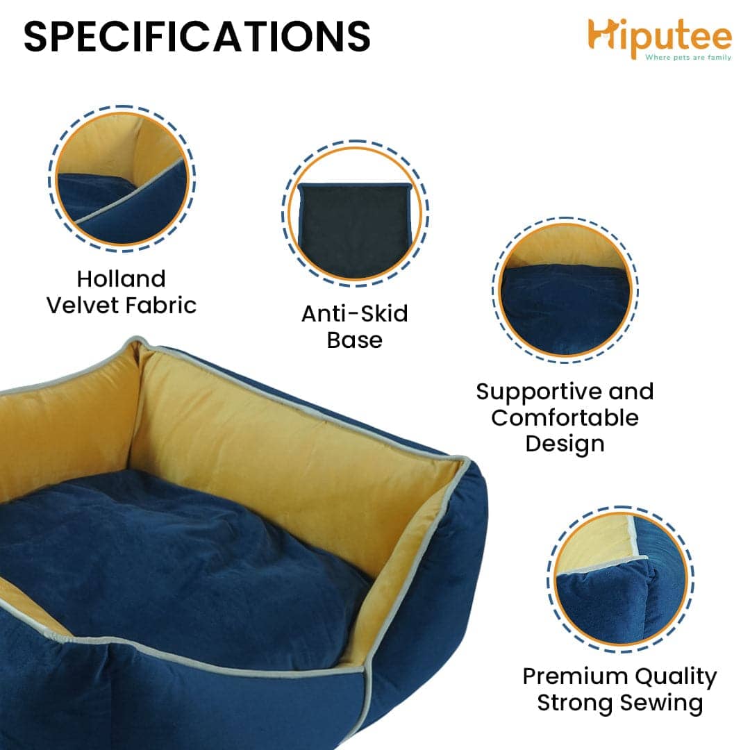 Hiputee Premium Holland Fabric Rectangular Bed for Pets (Blue-Yellow)