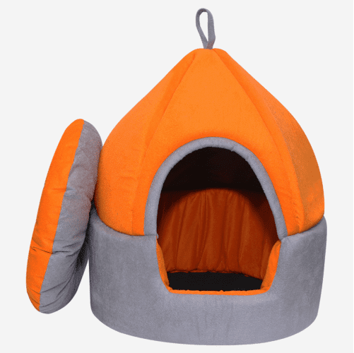 Hiputee Luxurious Temple Style Soft Velvet Fabric Dual Color Hut for Pets (Orange-Grey)