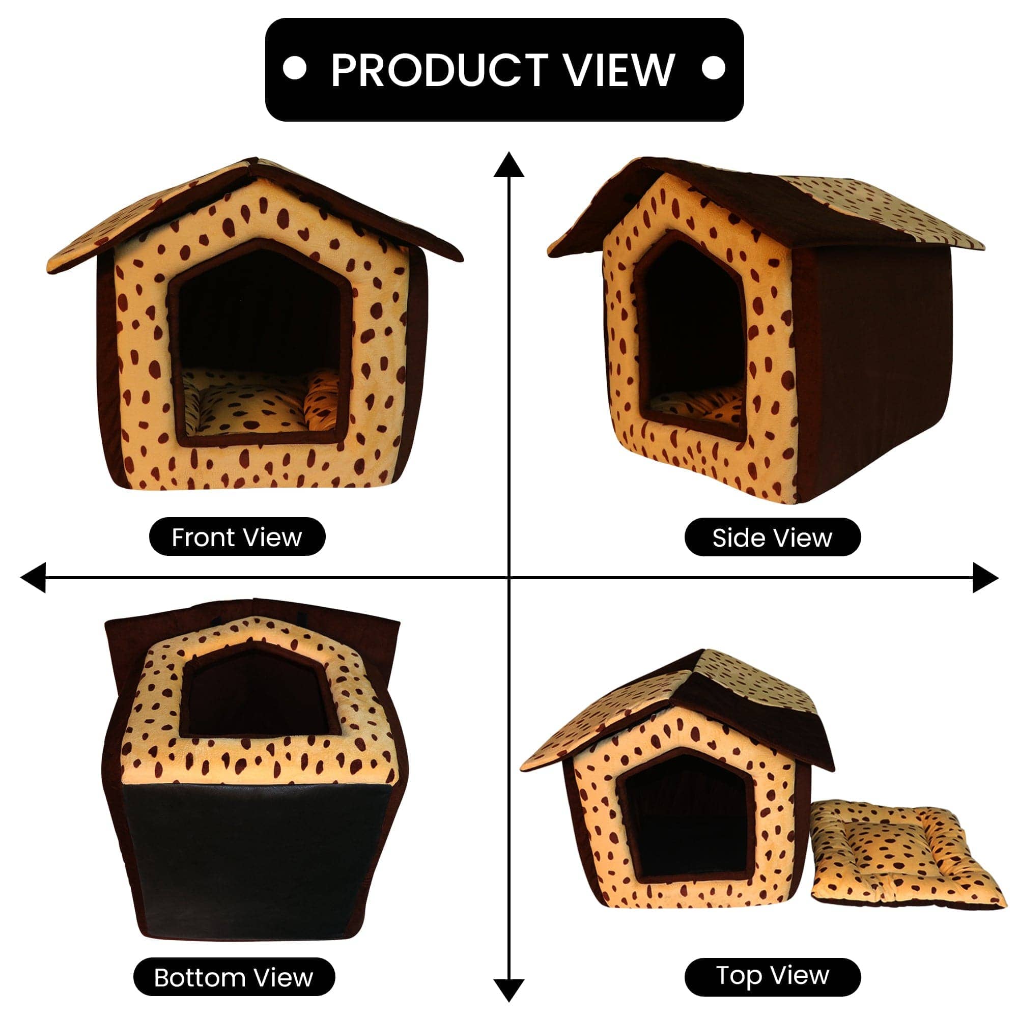 Hiputee Foldable Dotted Velvet Fabric Hut for Pets (Beige-Brown)